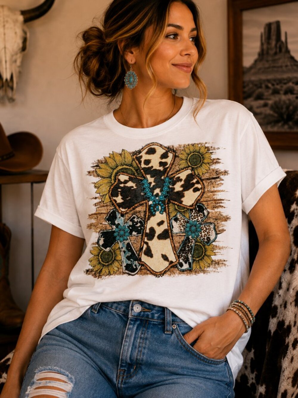 Cow Print Western Cross Graphic T Shirt Trendy Boutique Style Tee Womens White